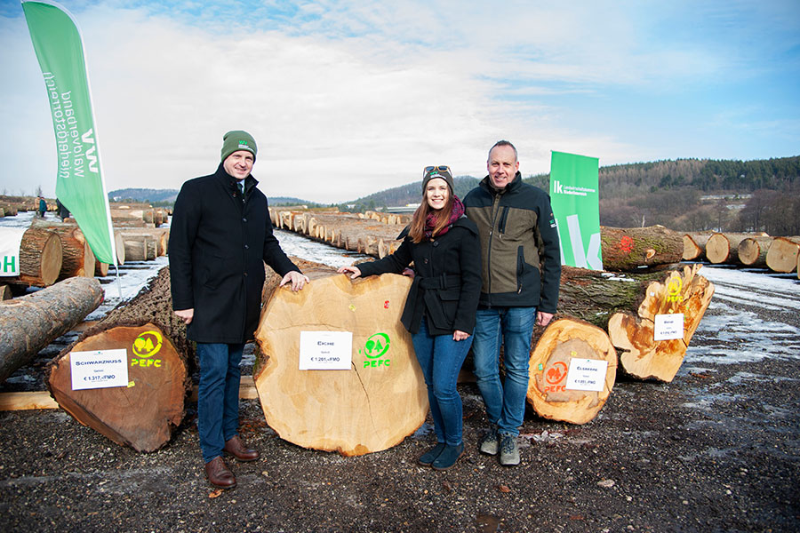 Landwirtschaftskammer NÖ-Präsident Johannes Schmuckenschlager mit Waldkönigin Anna Gebhart und Hannes Bendl vom Waldverband NÖ vor dem lukrativsten Stamm in diesem Jahr.