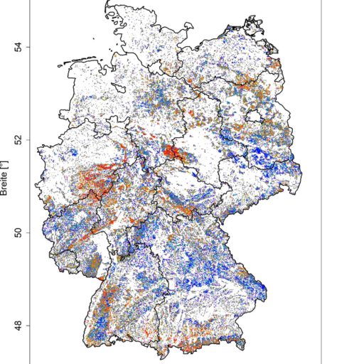 Waldzustandsmonitor: Im Jahr 2021 war der Zustand des Waldes in Deutschland vergleichsweise gut – rote Punkte im WZM zeigen eine niedrige Vitalität an, blaue Punkte eine hohe Vitalität der Bäume (Grafik: TUM)