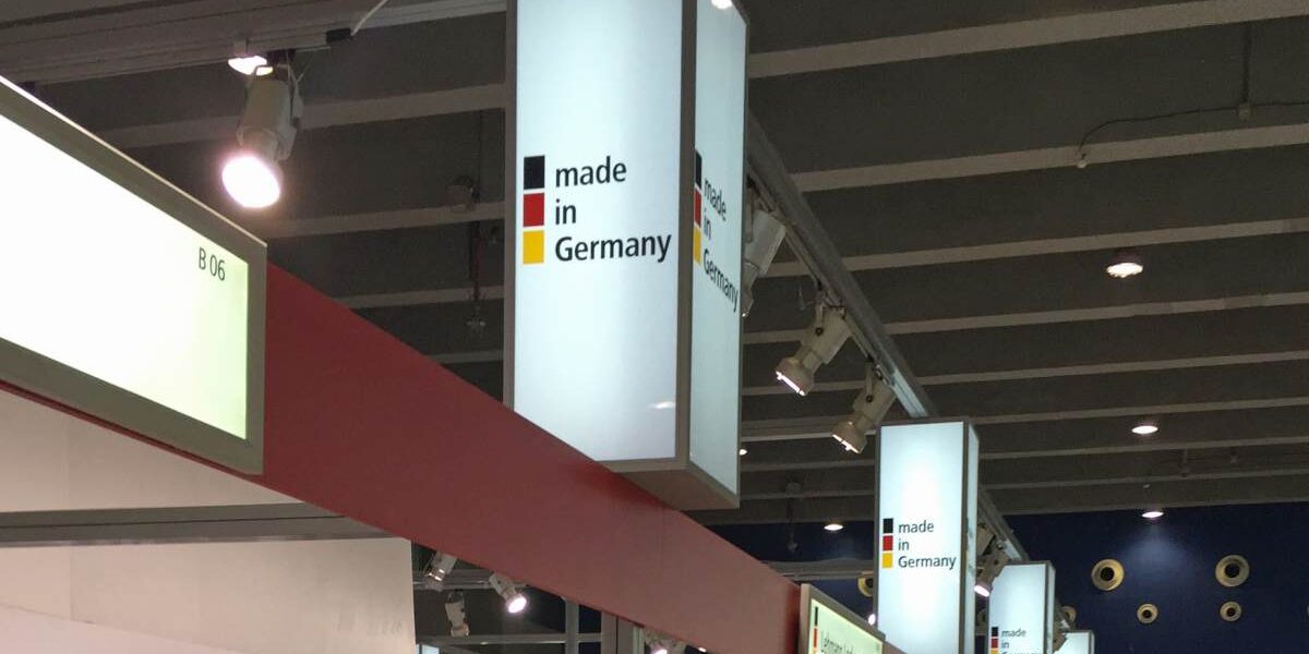 Blick auf den „German Pavilion“ der interzum Guangzhou, China, 2020, mit dem Slogan „Made in Germany“. Foto: IFN.